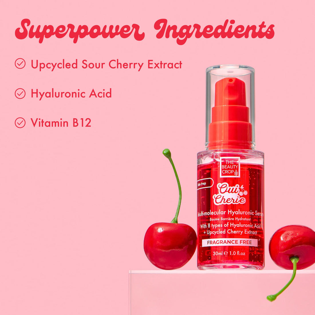 Superpower Ingredients, Upcycled Sour Cherry Extract, Hyaluronic Acid, Vitamin B12